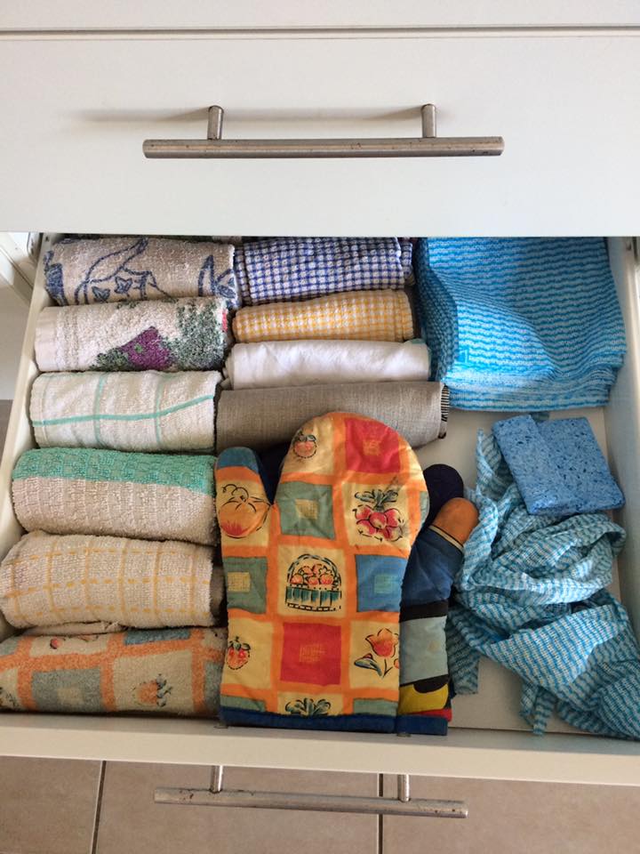 Kon Mari kitchen drawer with tea towels